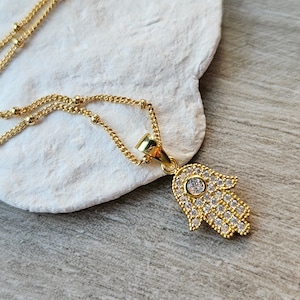Gold Hamsa Hand Halskette, Talisman Halskette, Fatima Hand, zierlich feminin, Geschenk für sie