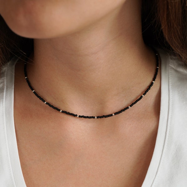 Black & Silver Beaded Choker * Sterling silver beads * Boho choker * Lightweight