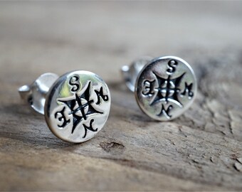 Compass Ear Stud Sterling silver * Nature fan * Hiker gift * Gift for her