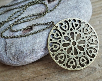 Bronze Filigree Round Mandala Long Necklace, Boho jewelry, Bohemian necklace