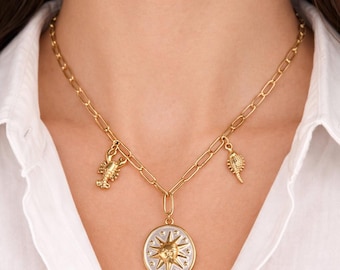 Multi Charm Necklace Paperclip Necklace* Golden Long Link Necklace* Gift For Her