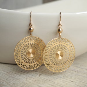 Delicate Gold Filigree Mandala Earrings * Boho Dangle Earrings * Feminine * Oriental Jewellery * Gold filled ear wire