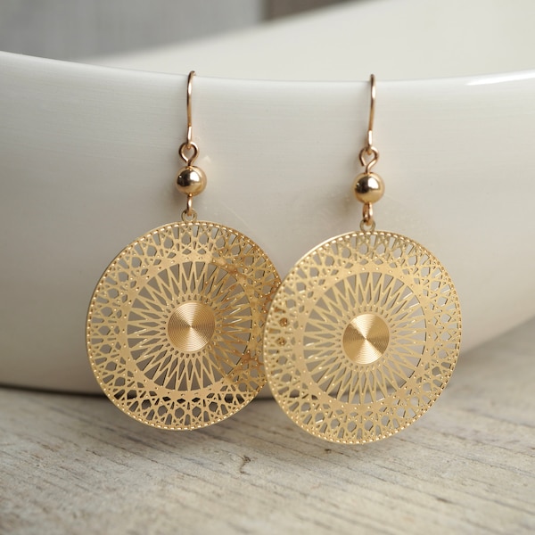 Delicate Gold Filigree Mandala Earrings * Boho Dangle Earrings * Feminine * Oriental Jewellery * Gold filled ear wire