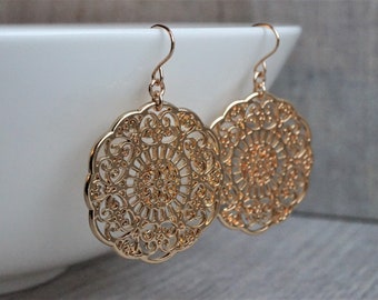 Mandala Round Dangle Earrings, Sterling silver, gold filled ear hook, Boho earrings, Oriental jewelry