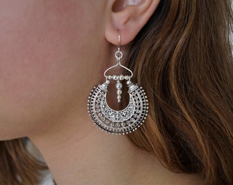 Boho Silver Metal Earrings, Sterling silver ear hook, Tribal earrings, Boho, Ethnic, Bohemian jewelry