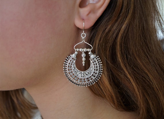 Boho Silver Metal Earrings, Sterling silver ear hook, Tribal earrings, Boho, Ethnic, Bohemian jewelry