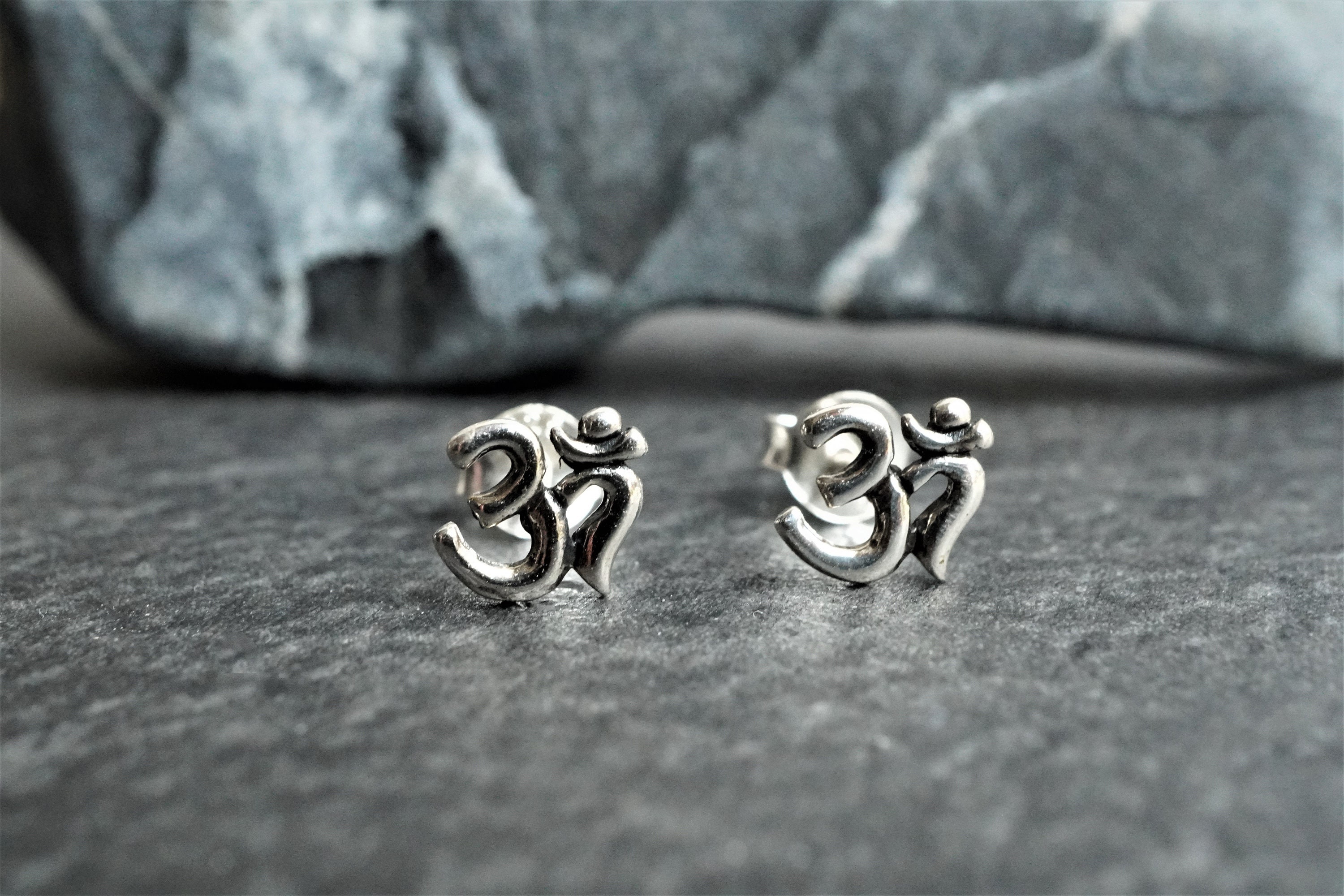 Ohm Sterling Silver Stud Yoga Jewellery Om Earrings Ancient Symbol Etsy