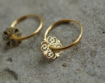 Gold Filigree Flower Hoop Earrings * Boho earrings *  Hoop * Feminine jewellery