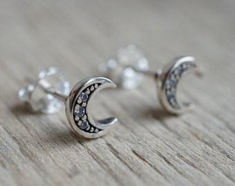 Sterlingzilveren oorbellen met maanzirkonia, oorknopjes, sieraden met maansikkel