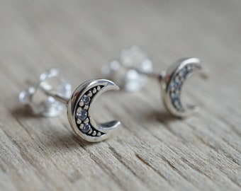 Sterling Silver Moon Zirconia Earrings, Stud earrings, Crescent moon jewelry