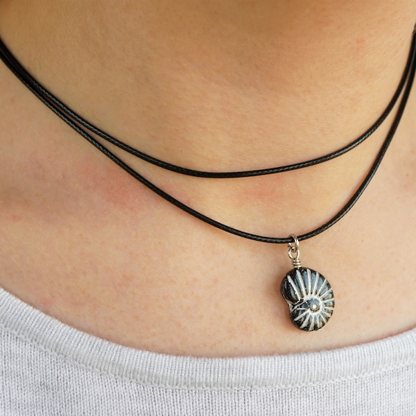 Black Glass Shell Choker * Ammonite necklace * Summer Necklace * Cord boho jewelry