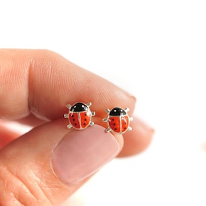 May include: A pair of small stud earrings shaped like ladybirds. Each earring features a bright red body with black spots, a black head, and silver-toned metal accents. The ladybird design is rendered in enamel with a smooth, glossy finish.