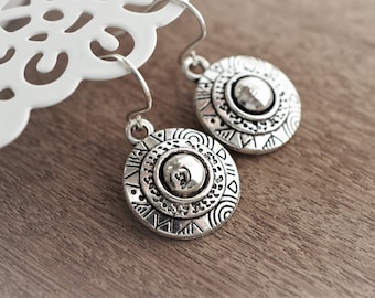 Round Earrings, Boho* Hippy* Ethnic* Tribal* Oriental* Bohemian* Sterling silver ear hook