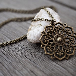 Bronze Filigree Flower Mandala Necklace, Boho jewelry, Bohemian necklace