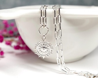 Sun Paperclip Sterling Silver Necklace * Boho Sun Charm Necklace