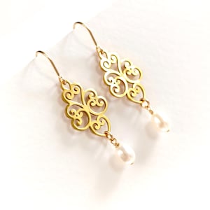 Filigree Moroccan Style Delicate Earrings With Pearl * Gold Dangle Earrings * Feminine* Ethnic