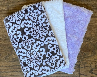 Darling Damask Lavender Minky Burp Cloth Set