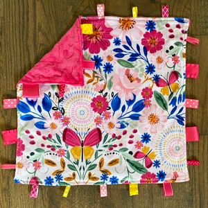 Tagged Lovie, Fuchsia Floral Minky Tagged Lovie, 18”, Personalization available