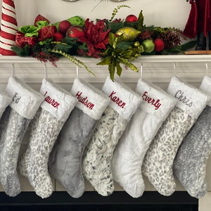 Christmas Stockings, Personalized Stockings, Gray Stockings, Plush Christmas stockings, Family Christmas Stockings, 22”L, Matching TreeSkirt