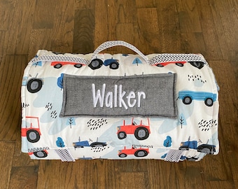 Personalized Boy Nap Mat, Tractors, dinosaurs, trucks, firetrucks, construction, cowboy prints, attached blanket & pillow