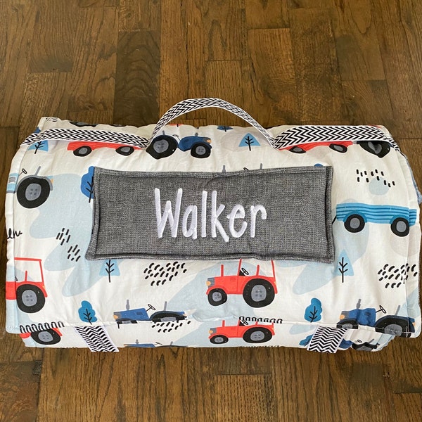 Personalized Boy Nap Mat, Tractors, dinosaurs, trucks, firetrucks, construction, cowboy prints, attached blanket & pillow