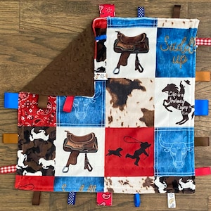 Tagged Lovie, Cowboy Saddle Up Minky Tagged Lovie, 18”, Personalization available