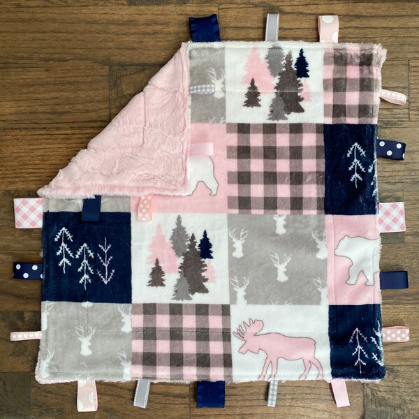 Personalized Pink Cabin Quilt Minky Tagged Lovie