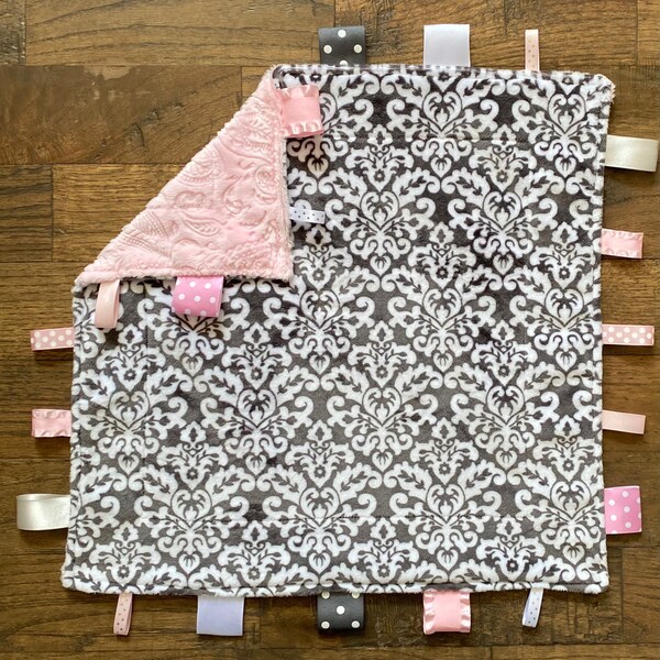 Personalized Darling Damask Pink Gray Minky Tagged Lovie