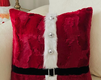 Santa Faux Fur Christmas Pillow: Holiday Decor with Jingle Bells