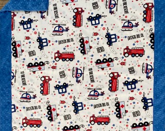 Personalized Baby Boy Blanket, Rescue Trucks Minky Baby Blanket, Firetruck blanket, Minky tagged lovie, 3pc burp cloth set