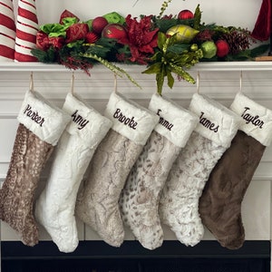 Personalized Fur Christmas Stockings, Rustic Christmas stockings, Neutral stockings, Family Christmas Stockings, 22”L, matching tree skirt