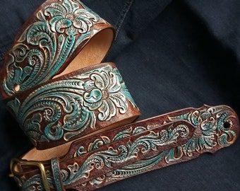 Tooled Guitar Strap  adjustable hand carved Sheridan floral design