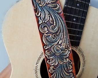 Tooled Guitar Strap hand carved Sheridan floral design