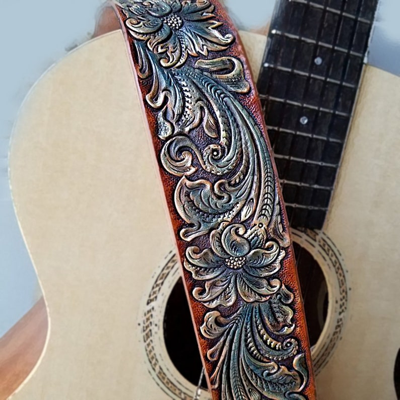 Tooled Guitar Strap Hand Carved Sheridan Floral Design Etsy