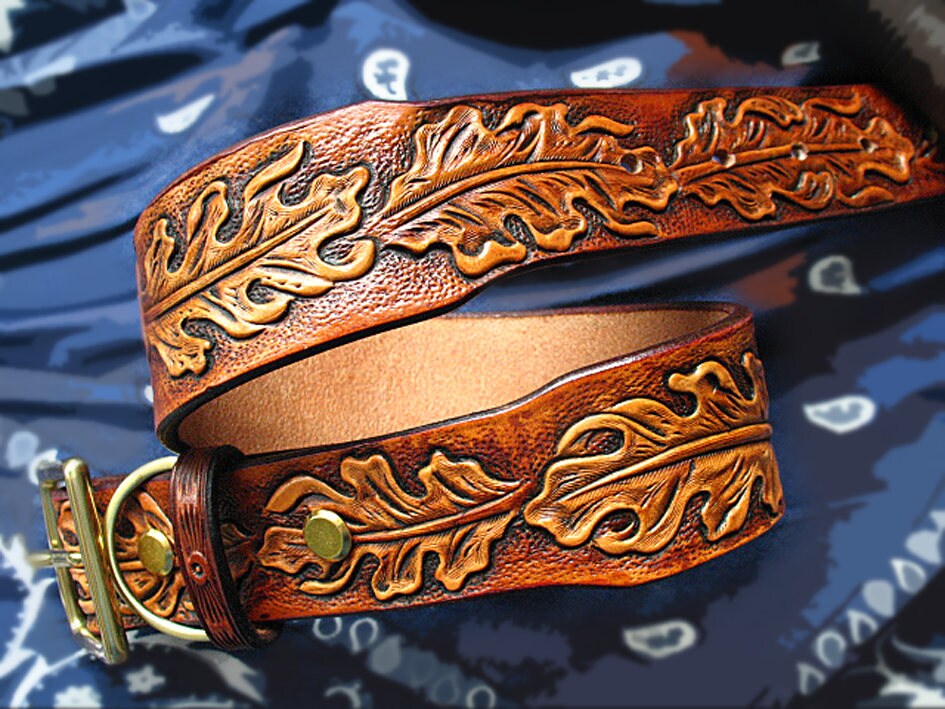 Tooled Dog collar personalized Oak Leaves leather hand | Etsy