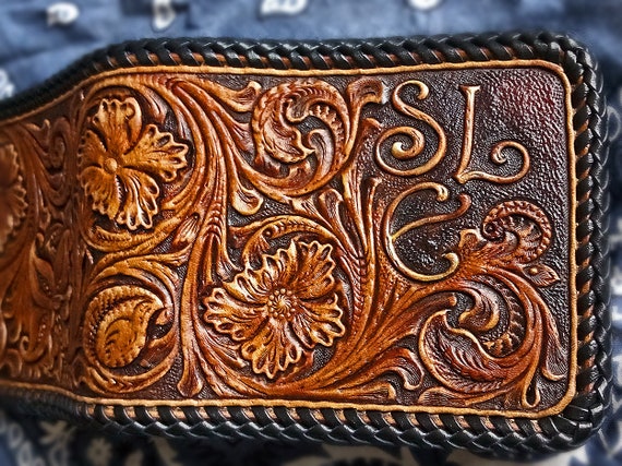 Tooled billfold wallet hand carved A_S floral Sheridan | Etsy