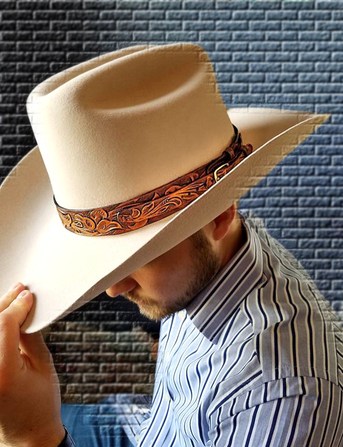 Hat Band Tooled leather western floral design. Etsy