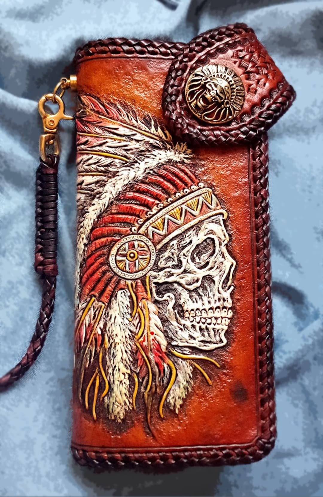 Handmade Leather Skull Tooled Mens Chain Biker Wallet Cool Leather Wallet with Chain Wallets for Men