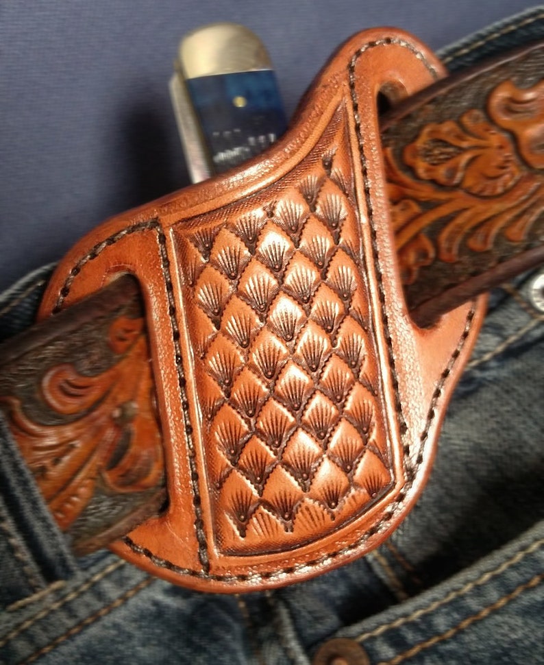 Tooled Leather Pancake Knife Sheath Shell Pearl Case Trapper Etsy