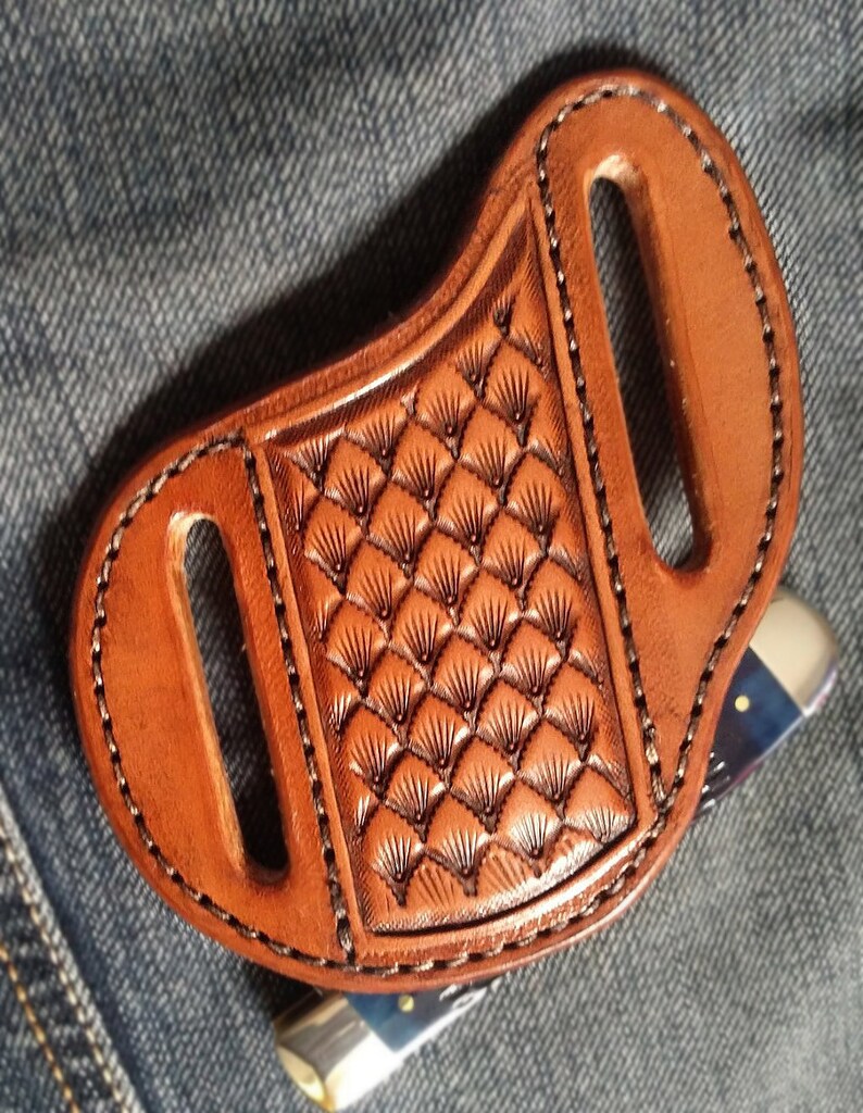 Tooled Leather Pancake Knife Sheath Shell Pearl Case Trapper Etsy