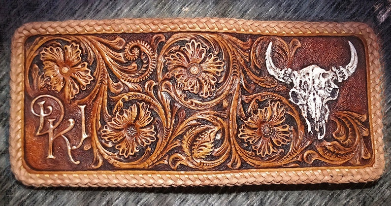 Tooled Billfold Wallet Hand Carved Buffalo Skull Western Style | Etsy