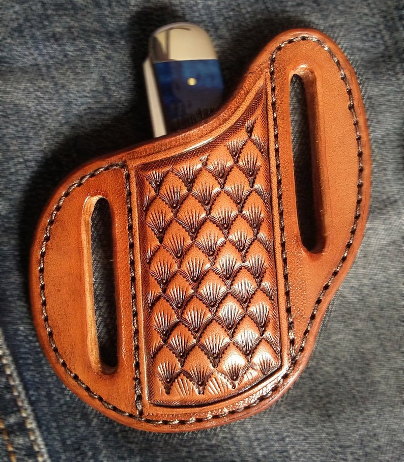 Tooled Leather Pancake Knife Sheath Shell Pearl Case Trapper Etsy