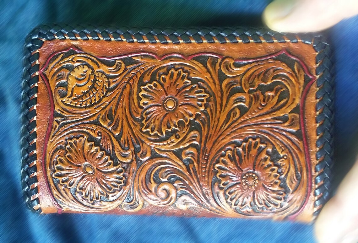 Tooled Wallet Biker Cowboy Roper Sheridan Floral Design - Etsy