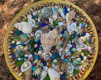 Beach shell mixed media mosaic wall hanging~coastal shell decoration~beach art~shell art