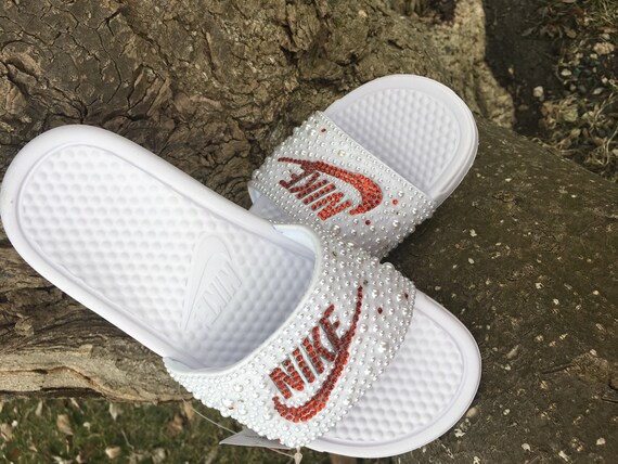 red white nike slides