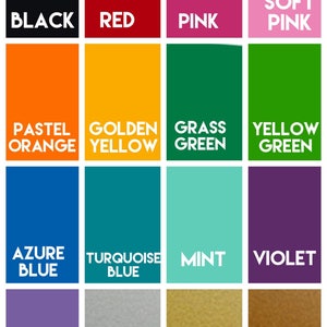 Op de afbeelding: Een kleurenkaart met 16 verschillende kleuren, elk weergegeven in een rechthoekig blok met de kleurnaam in witte tekst. Kleuren zijn onder meer zwart, rood, roze, oranje, geel, groen, blauw en meer.