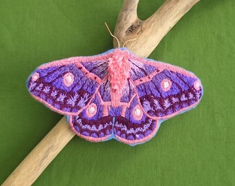 Whimsical Butterfly Moth Hand Embroidery - Displayed on Dried Driftwood
