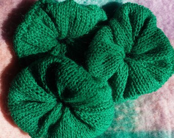 Emerald Green Hand-Knit Scrunchie Hair Tie Oversized Large Faux Mohair Silk Alpaca