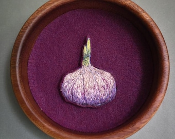 Purple Garlic Hand Embroidery in Wooden Circular Frame
