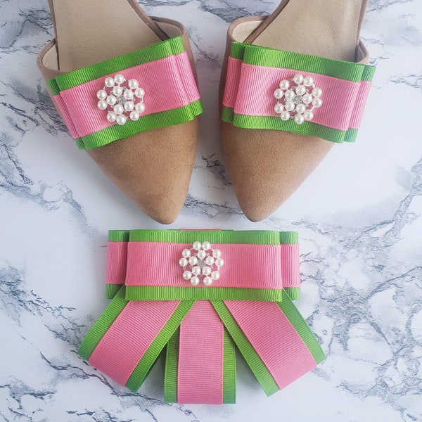 Pink and Green Matching Shoe Clips and Bow Set with Pearl Accent , Sorority Gift, AKA, Gift for Her, Soror, Shoe Accents, Special Ocassion